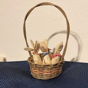 Vintage Hand Crafted Bunnies In A Basket Decor